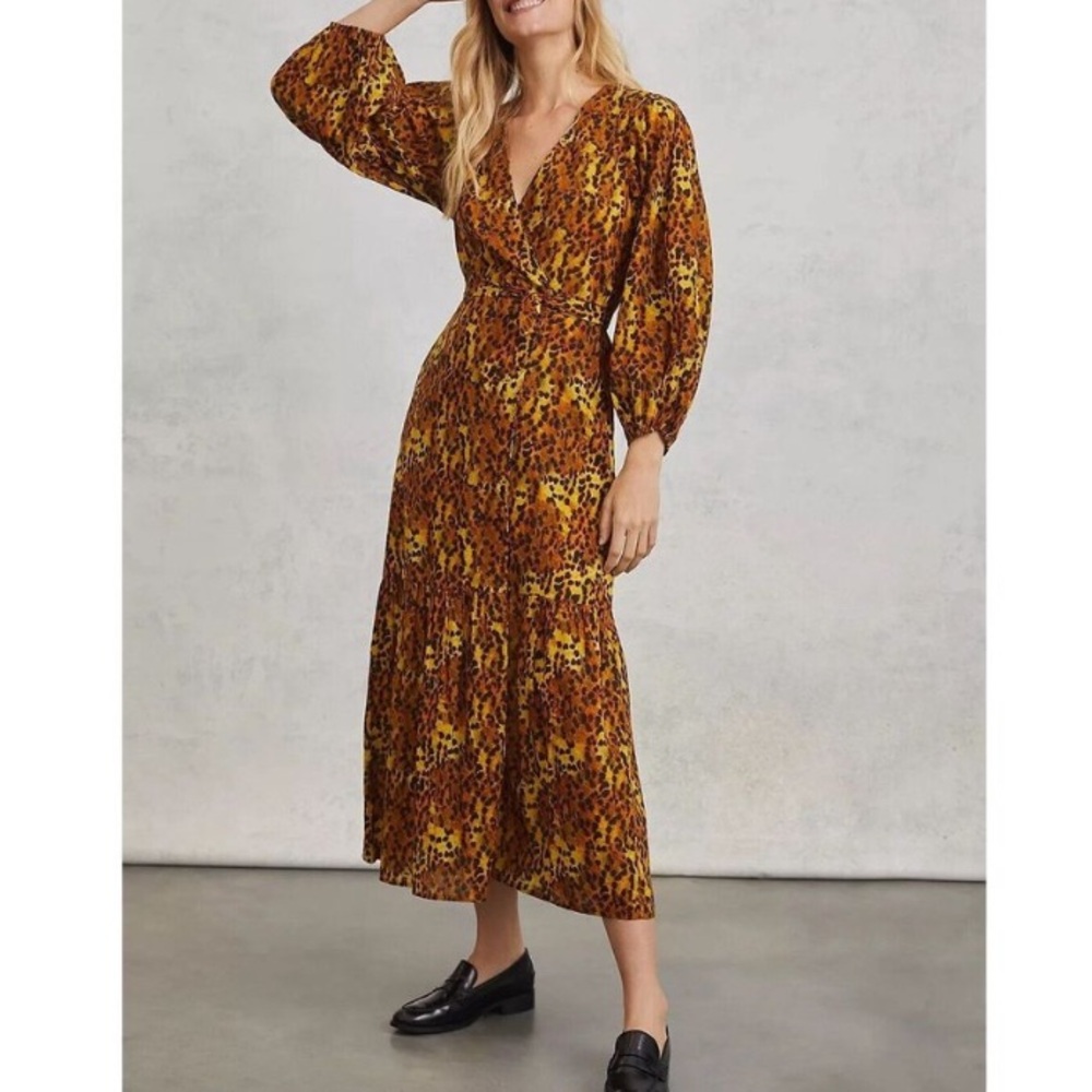 Carolina K Anthropologie Saffron Wrap Maxi Dress Long Sleeve Leopard Cheetah